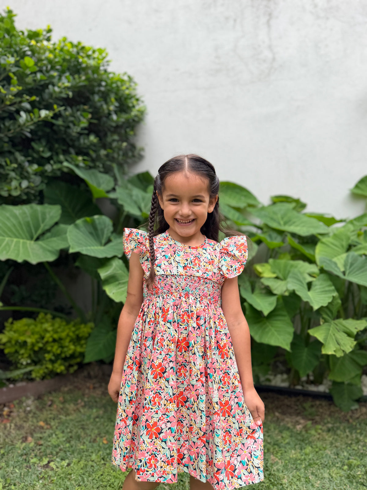 Vestido Leonor en print de flores con bordado de smock