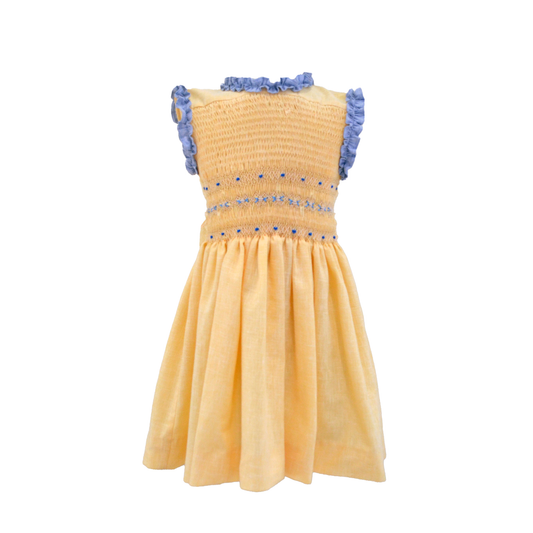 Vestido Alexa Amarillo Con Lino y Escarola Azul